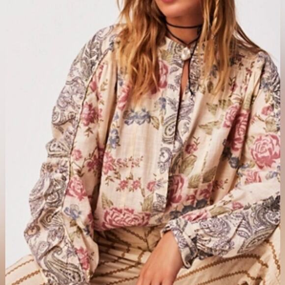 NWT FREE PEOPLE ANTHROPOLOGIE MARAYA PRINTED IVORY ANTIQUE COMBO TOP SIZE M - Picture 1 of 8